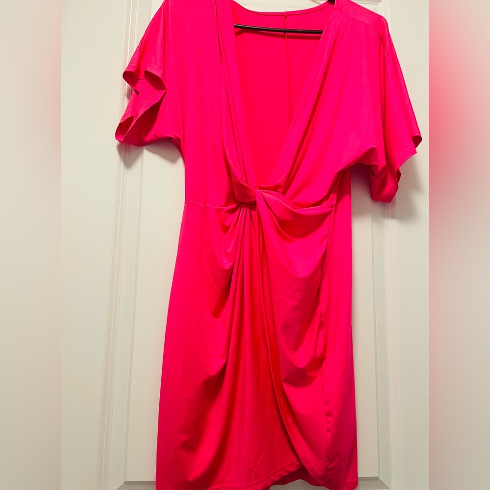 Deep V hot pink shirt dress.